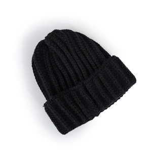 Close-up of black ribbed knit beanie with thick fold-over cuff and warm texture