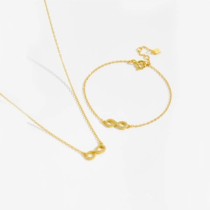 Detail of gold infinity pendant with pavé diamonds on S925 sterling silver chain