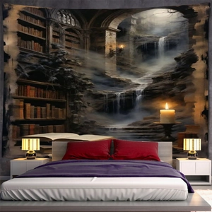 Gothic fantasy library tapestry with waterfall and bookshelves wall hanging for bedroom