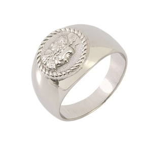 Polished stainless steel hip hop signet ring with coin relief carving on a white background