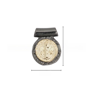 Detailed macro view of 18k gold-plated religious saint pendant showing dimensions 12.8mm