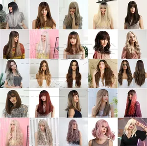 Collage of long wavy wigs with bangs in various colors like brown blonde and pink