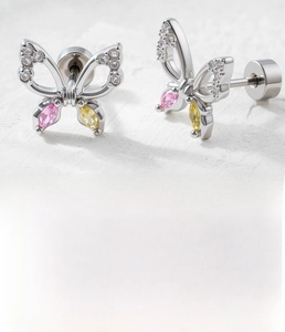 Detailed view of silver butterfly stud earring with pink zircon and screw back