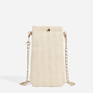 Women straw woven vertical phone crossbody bag with gold snap button and chain strap