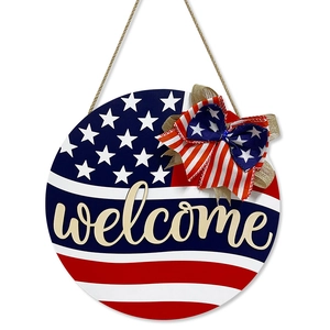 Plaque de porte patriotique en bois avec drapeau américain et message de bienvenue Welcome