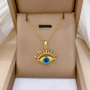 Evil Eye Pendant Necklace Gold Stainless Steel Chain Copper Colorful Rhinestone Clavicle Link For Women Elegant Jewelry