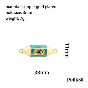 Detail of 38mm gold-plated enamel evil eye connector link with YOU text for DIY jewelry