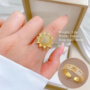 Detail view of spinning sunflower ring with star-hollow band and white zircon inlay
