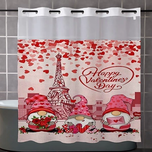Detail showing Valentine's Day gnomes and Eiffel Tower print on waffle fabric shower curtain