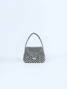 Detail of silver beaded handbag with metallic spherical beads in a woven pattern