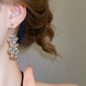 Détail de boucles d'oreilles argentées avec grappe de billes géométriques sur un modèle