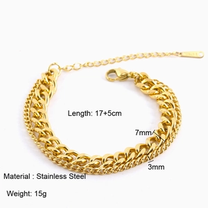 Double-layered 18K gold plated stainless steel Cuban chain bracelet with lobster clasp