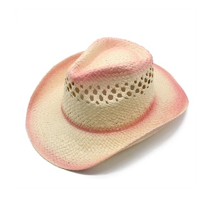 Chapeau de cowboy en paille avec dégradé rose et motif de tissage creux en losange