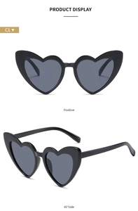 Positive and 45-degree side views of black heart-shaped sunglasses in C1 style