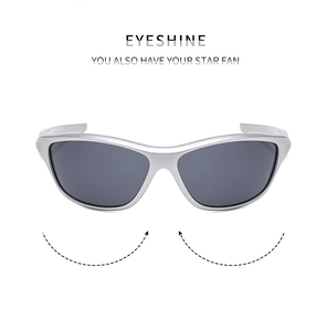 Detail of silver Y2K cyberpunk sports sunglasses with gray UV protection lenses