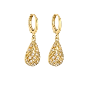 Detail of 18K gold plated teardrop earrings with filigree design and clear zircons