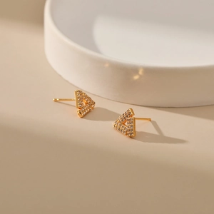 Elegant geometric triangle stud earrings with sparkling cubic zirconia in gold plating