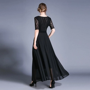 Elegant black long dress with lace拼接 bodice and flowing chiffon maxi skirt back view