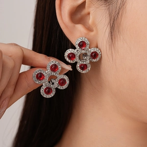 Vintage Round Stud Earrings Red Resin Rhinestone With 925 Sterling Silver Earring Post Geometric Jewelry For Women