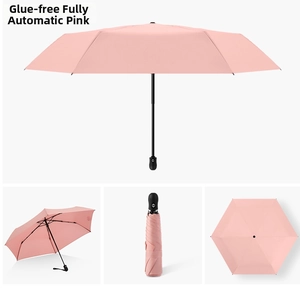 Pink automatic folding umbrella featuring various views including folded and open states