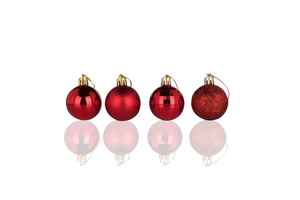 Detailed view of red Christmas balls in shiny, matte, faceted, and glitter textures