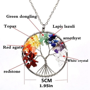 7 Chakras tree of life necklace pendant with multi-color natural raw stones and 5cm frame