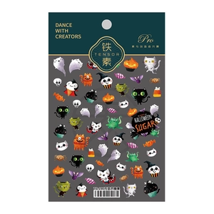 5D Halloween nail stickers with cartoon pumpkin, black cat and candy designs for DIY art