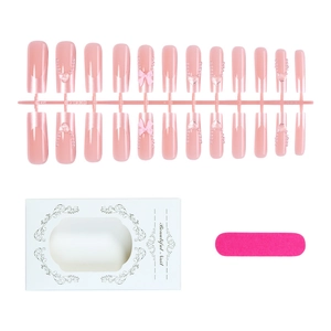 Extra long French press-on nail kit with 3D bows, rhinestones and file in pink