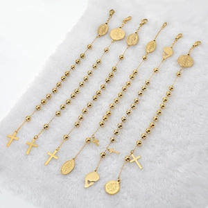 Détails de bracelets religieux en perles plaquées or 18K avec croix et médailles
