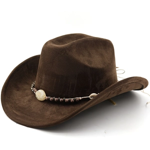 Brown suede Western cowboy hat with vintage turquoise and shell beaded ethnic hatband