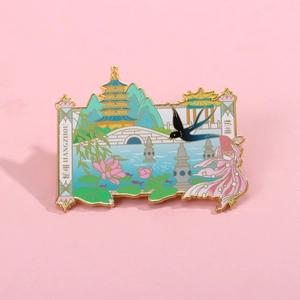 Detailed Hangzhou West Lake metal fridge magnet with enamel Leifeng Pagoda and lotus design
