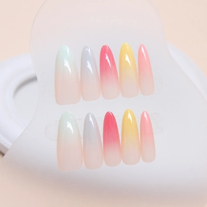 Rainbow gradient short almond press-on nails in mint green and pink 10pcs set