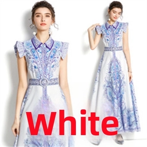 Detail of blue paisley print on white dress with lapel collar and matching waist belt