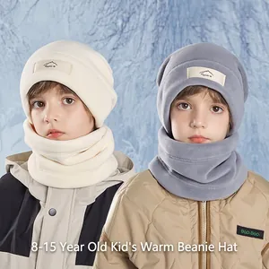 Kids Winter Pullover Hat And Neck Warmer Granular Fleece Plush Lining Warm Windproof Outdoor Sport For Boys Girls