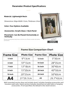 Detailed size chart for resin photo frames with dimensions from 5 to 24 inches