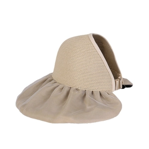 Women's beige organza wide brim sun hat with breathable straw top and ponytail hole design