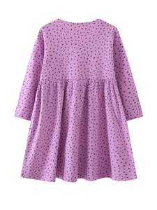 Long-sleeve girls' purple cotton dress with dark polka dots and elastic waist