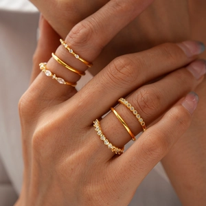 6Pcs Set 18K Gold Plated Zirconia Geometric Round Rings Luxury Fashion Jewelry Vintage Stackable Copper Finger Rings For Women