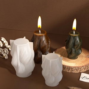 Detailed view of spiral wave silicone molds and finished textured pillar candles