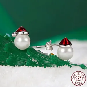 Minimalist 925 sterling silver pearl stud earrings with red Christmas hat design