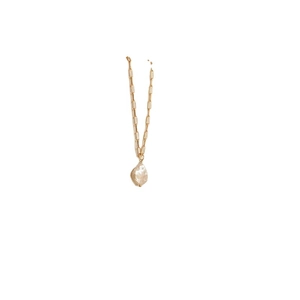 Gold paperclip chain necklace with a natural baroque freshwater pearl pendant on white