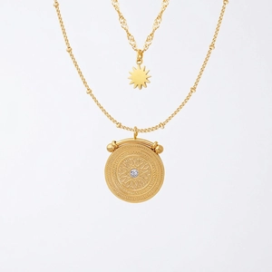 Double Layer Necklace Stainless Steel Gold Plated Star And Round Coin Medallion Pendant Zircon Inlaid Vintage Style Women