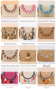Detail grid of straw envelope bags with colorful tassels, shells, and bohemian accents