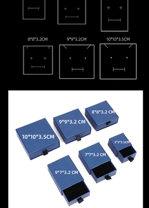 Detailed size specifications for navy drawer jewelry boxes with internal foam padding