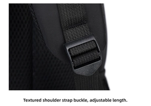 Detail of adjustable black shoulder strap buckle on Oxford cloth business laptop backpack
