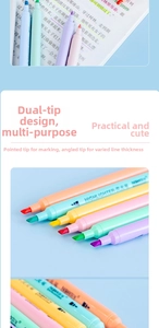 Detailed macro view of dual-tip pastel highlighters with broad chisel and fine point tips