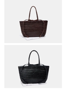 Detail of woven leather tote bags in black and brown with intricate herringbone texture