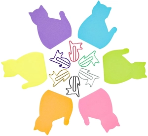 Close-up of cat-shaped sticky notes and metal paper clips in six vibrant colors