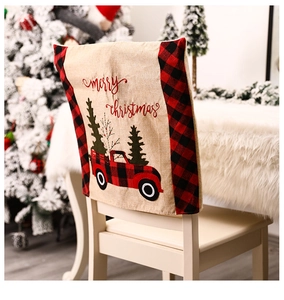 Linen Christmas chair cover with Merry Christmas embroidery and red plaid trim