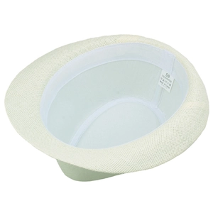 Internal detail of straw fedora showing the 100% paper material label and sweatband
